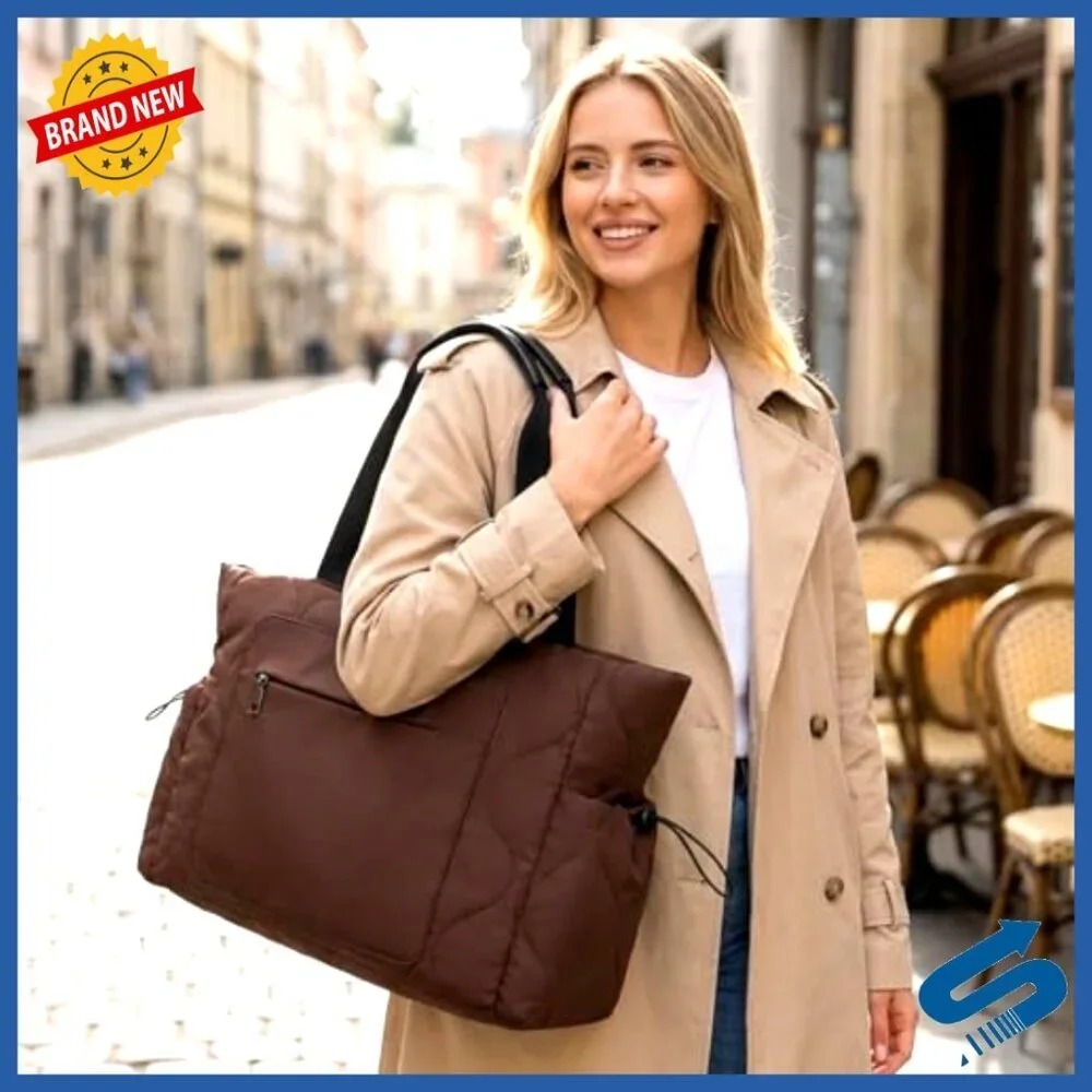 Lightweight Puffy Tote Bag with Laptop Compartment 15.75x12.6 Inches